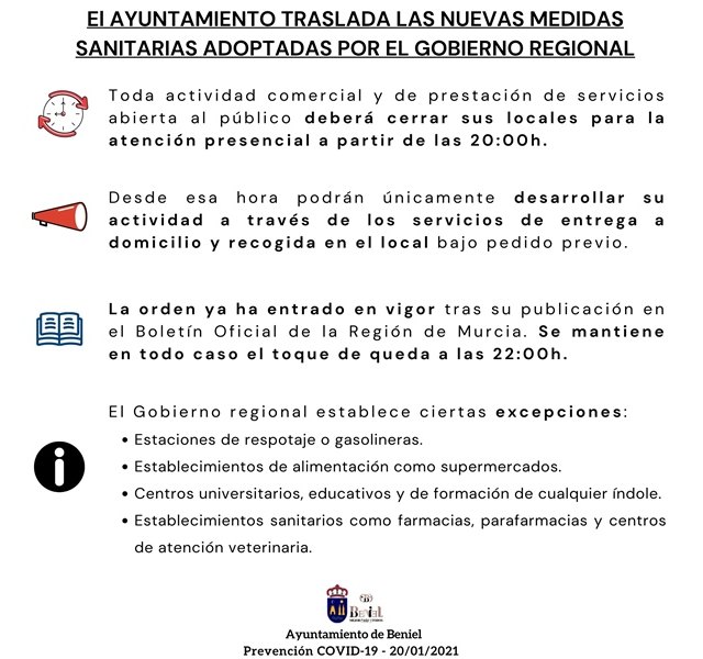 Entra en vigor la orden de cierre presencial de la actividad comercial y de servicios desde las 20:00h en la Región de Murcia